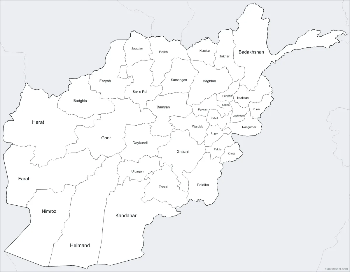 Blank map of Afghanistan, labeled