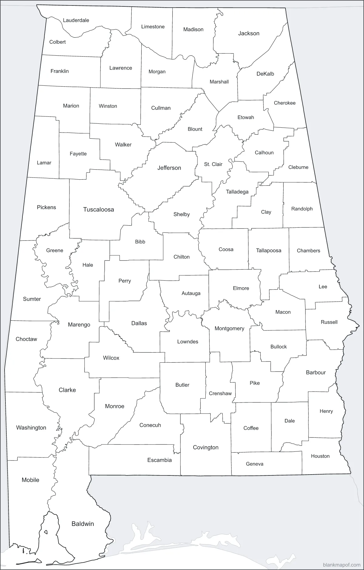 Blank map of Alabama, labeled