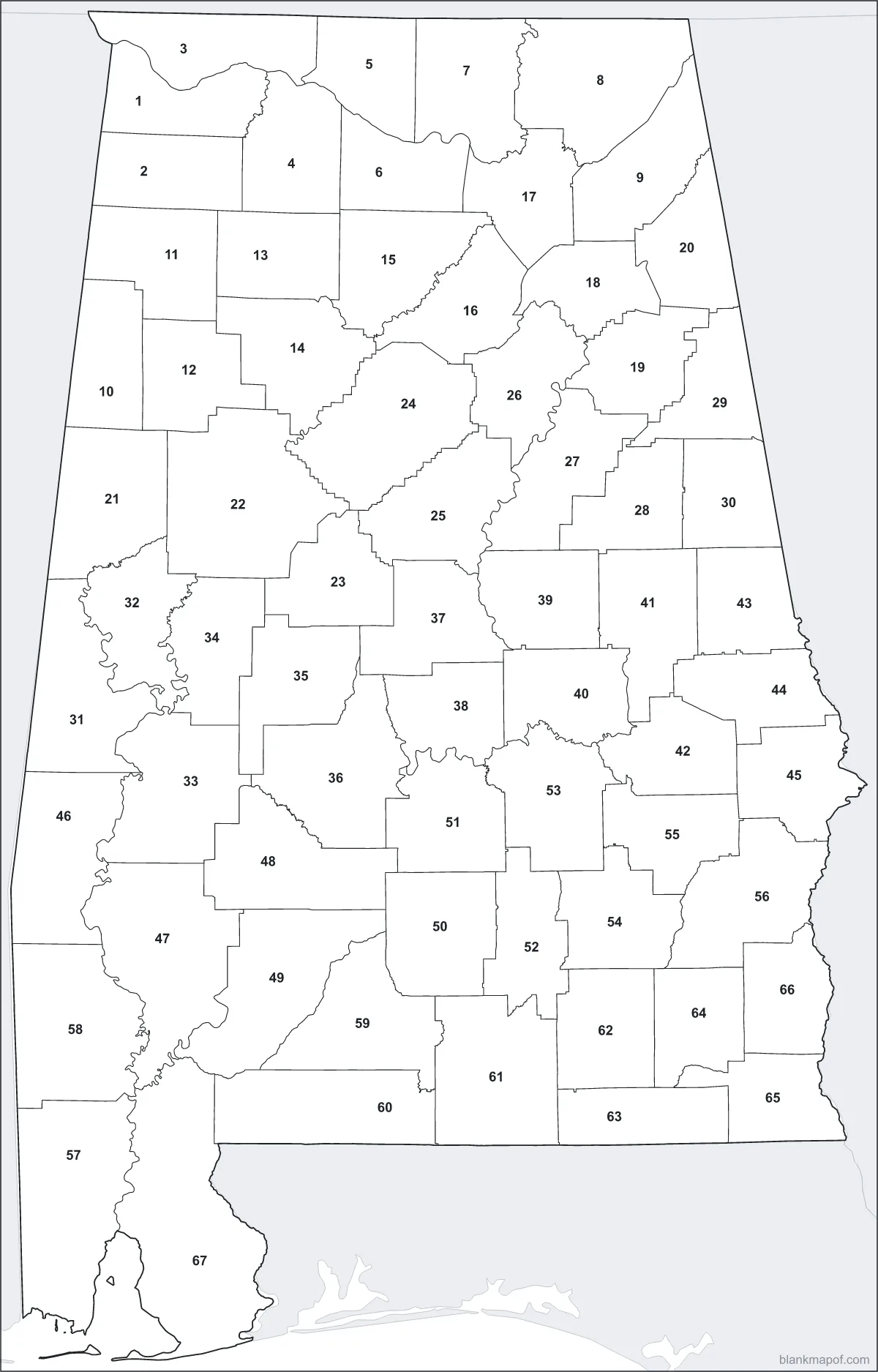 Blank map of Alabama, numbered