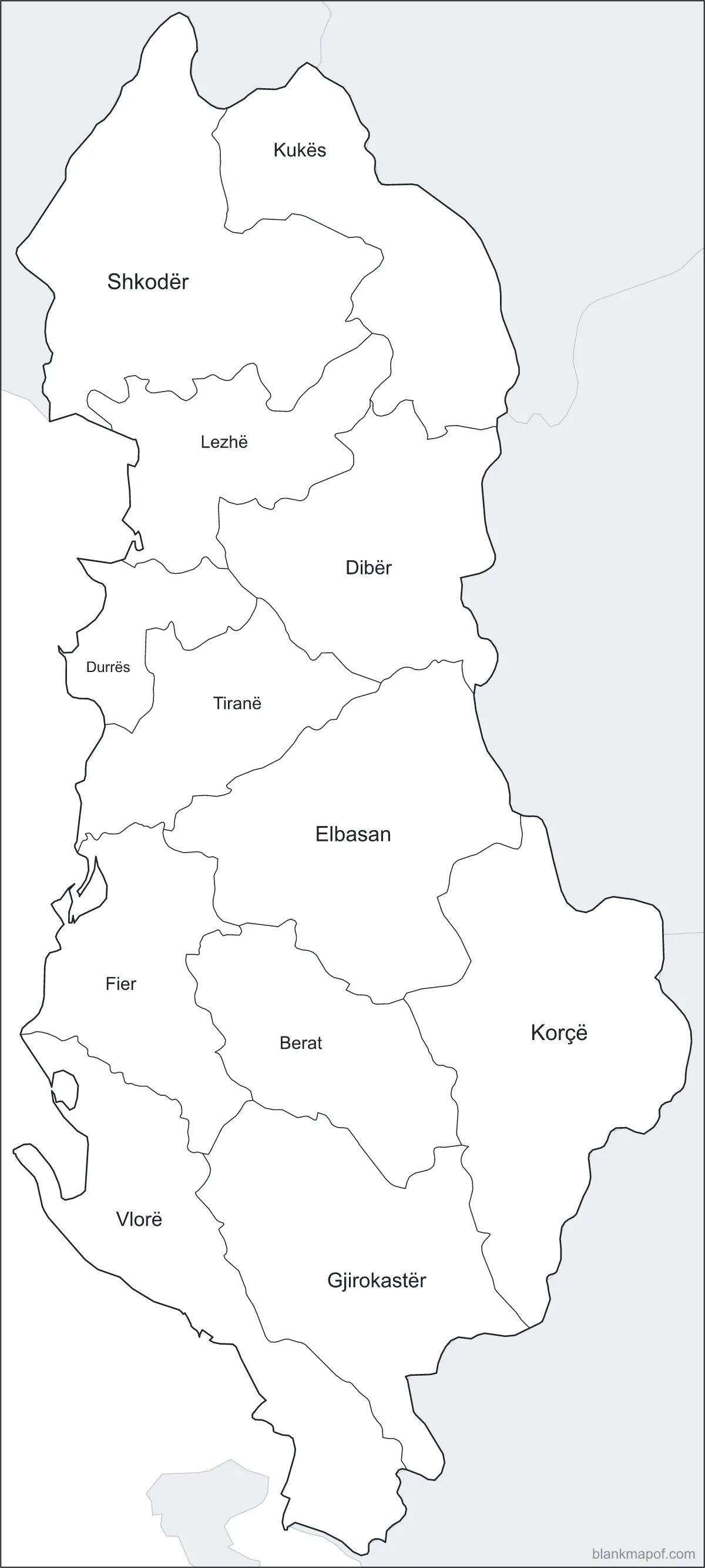 Blank map of Albania, labeled