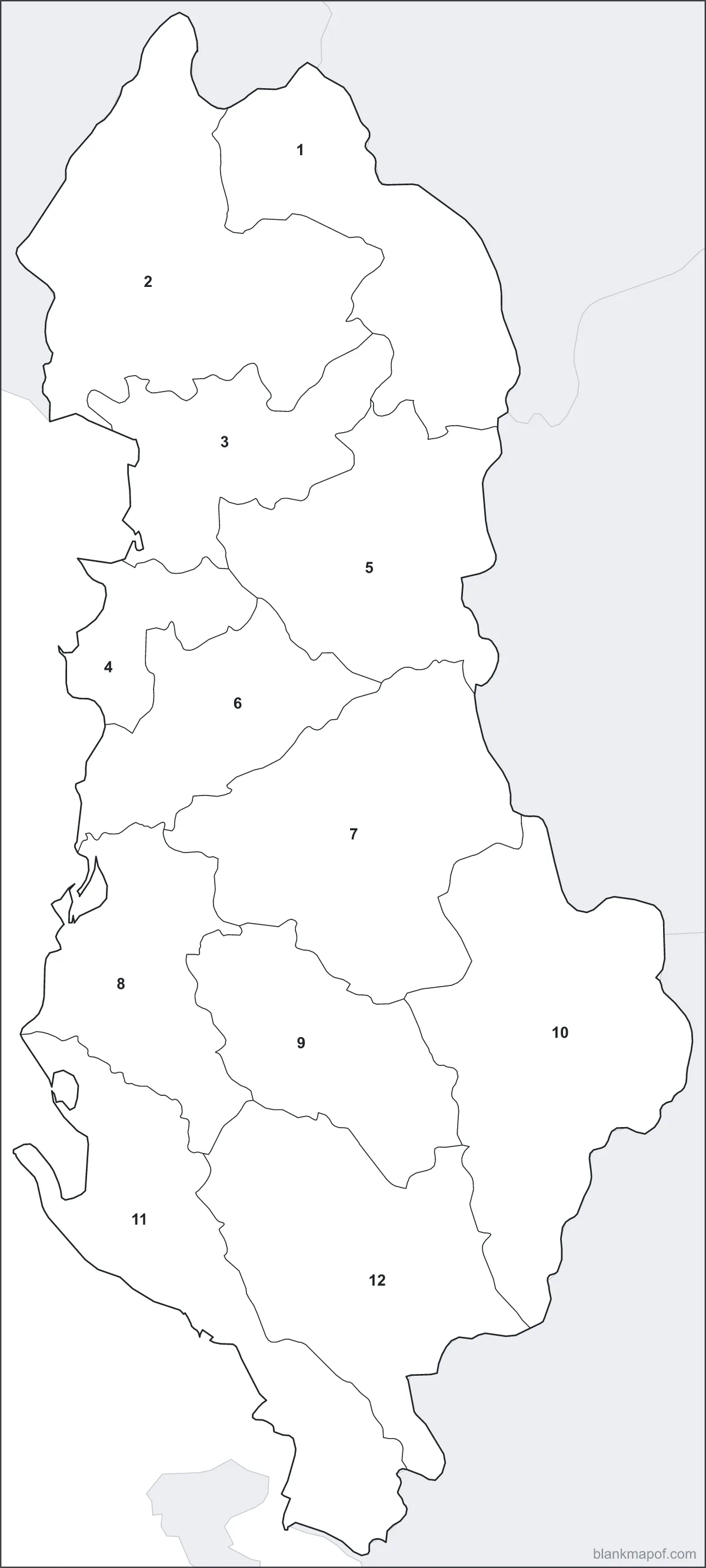 Blank map of Albania, numbered