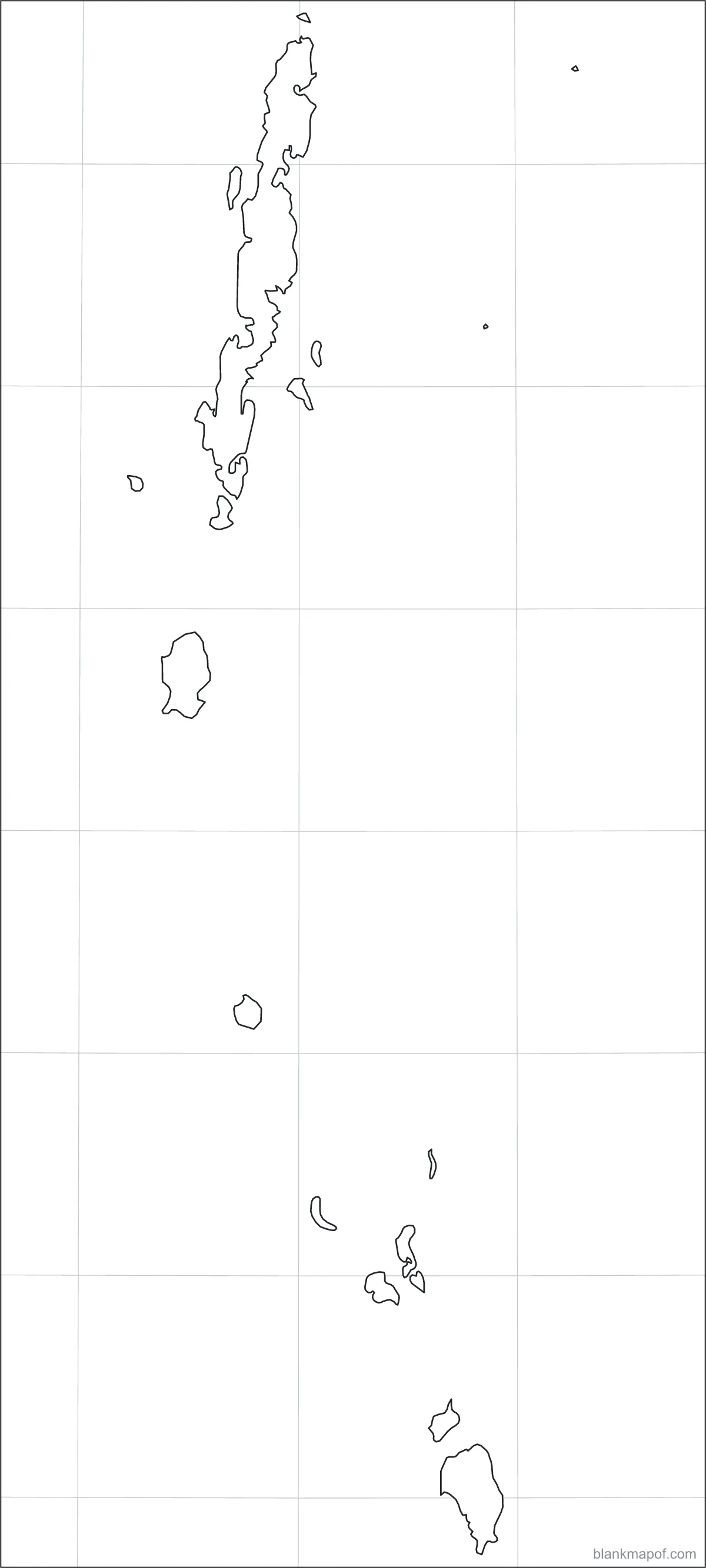 Blank map of Andaman and Nicobar Islands, with lat/long grid