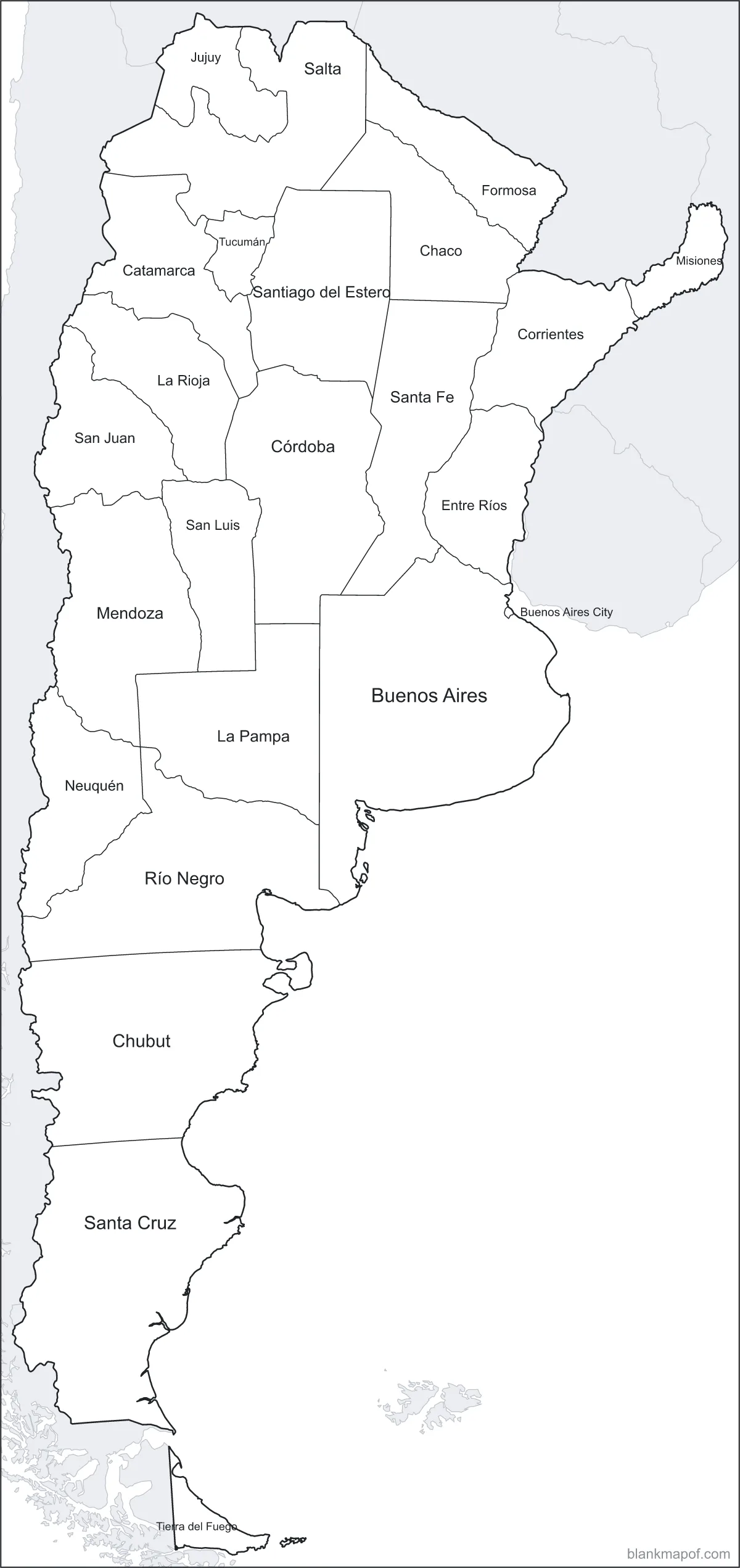 Blank map of Argentina, labeled
