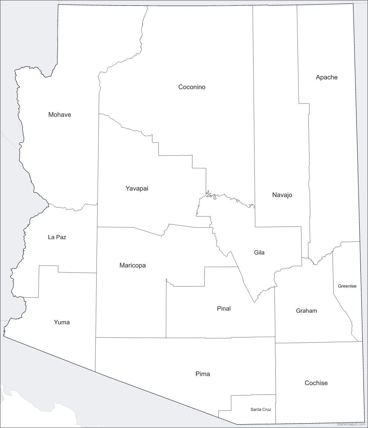Blank map of Arizona, labeled