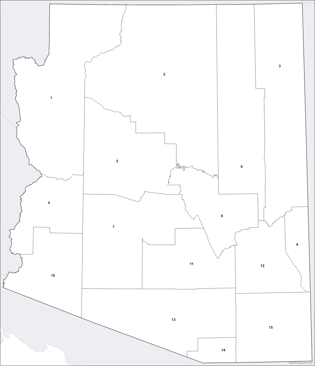 Blank map of Arizona, numbered