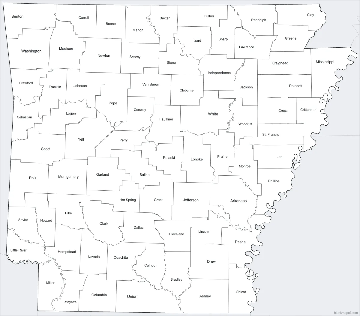 Blank map of Arkansas, labeled