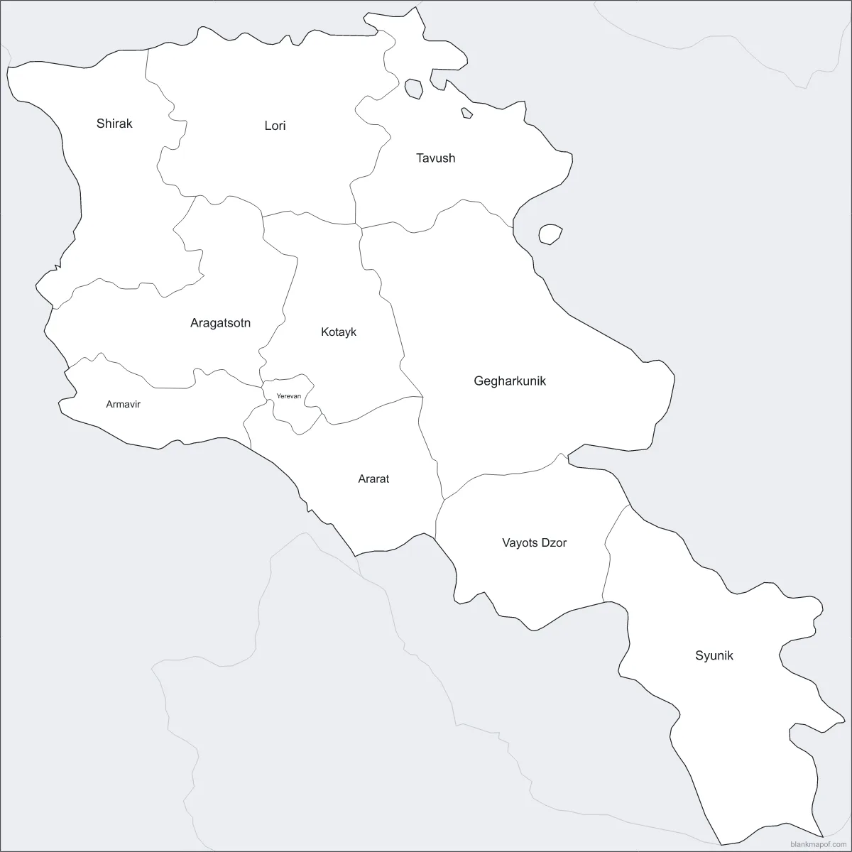 Blank map of Armenia, labeled