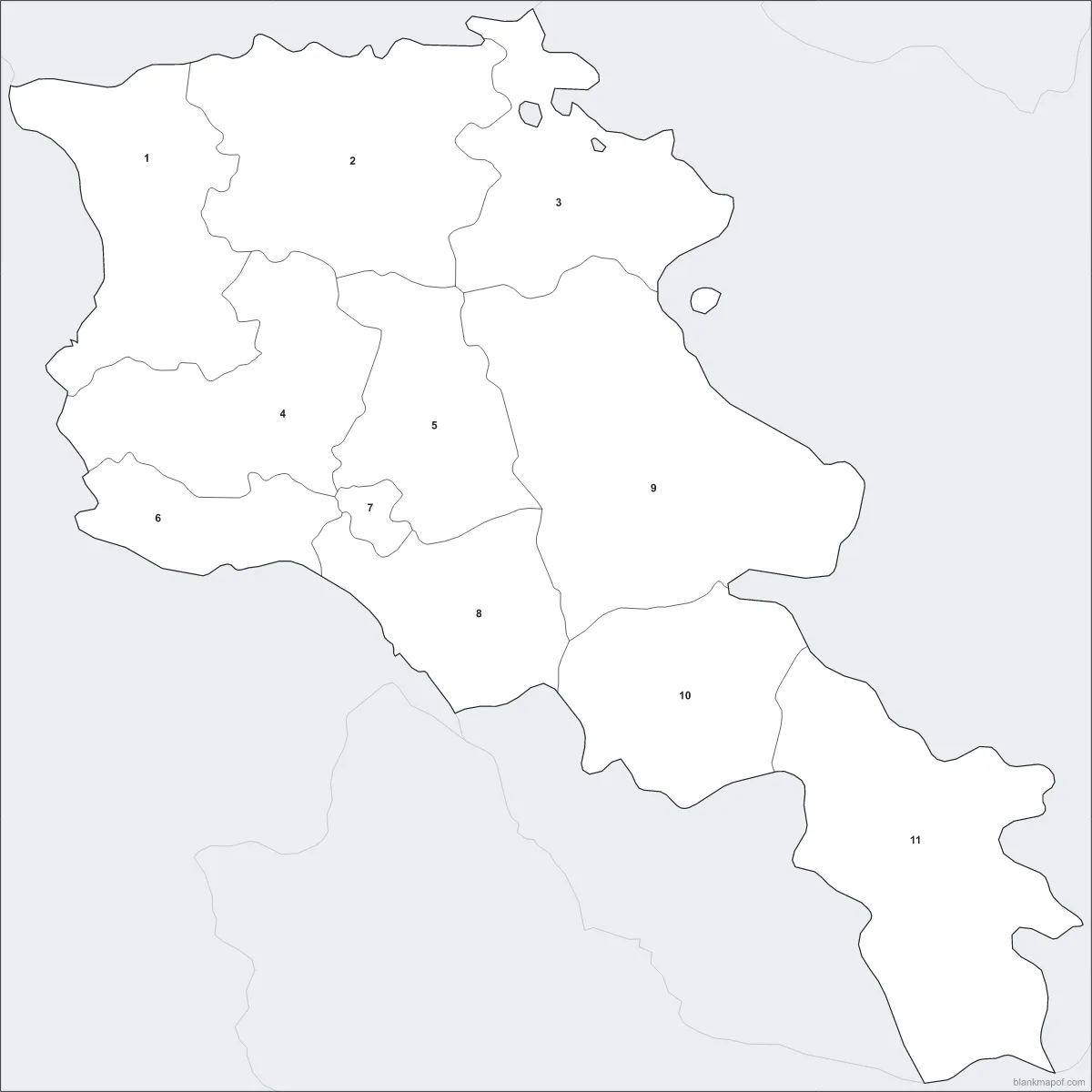 Blank map of Armenia, numbered
