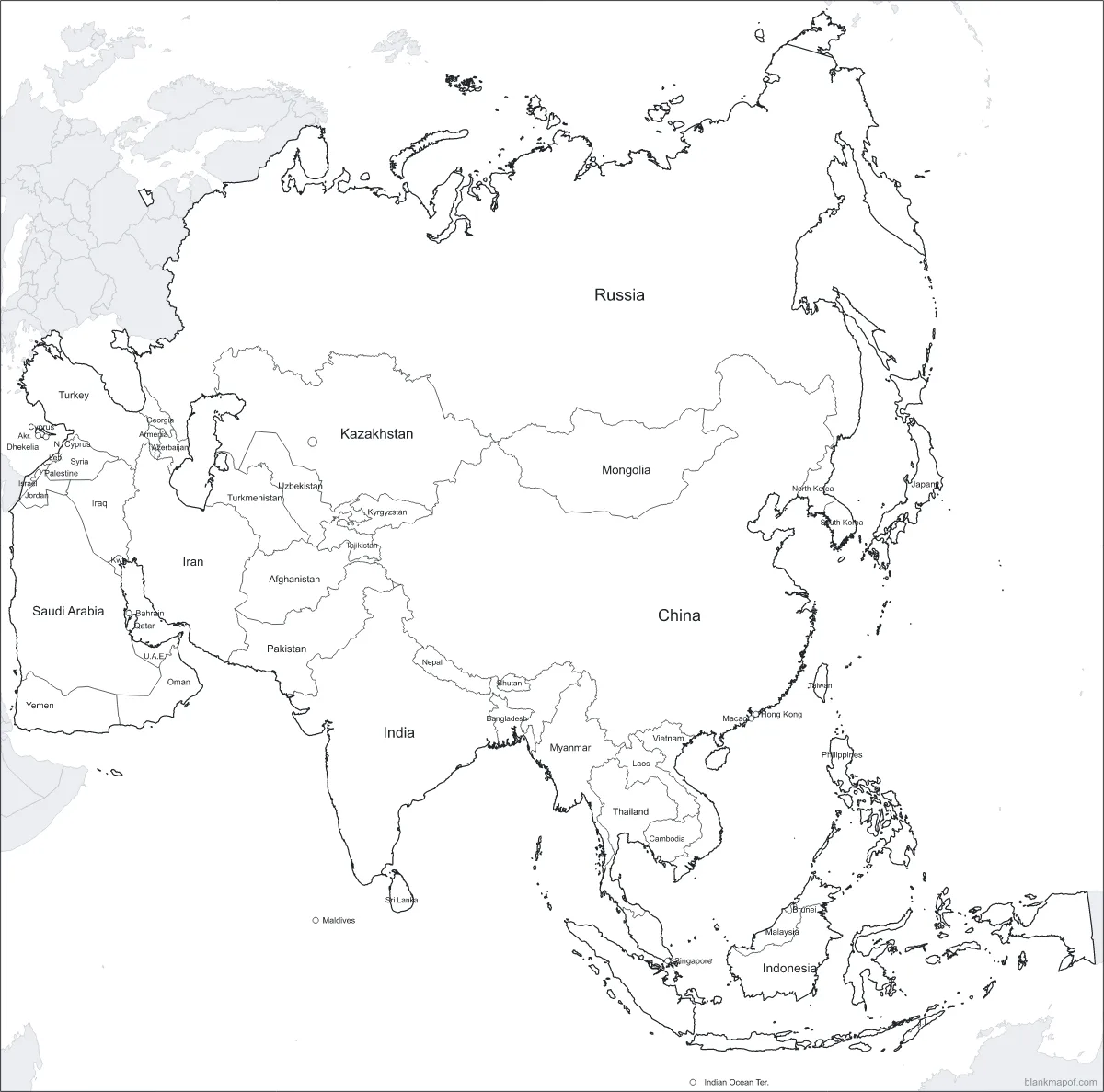 Blank map of Asia, labeled