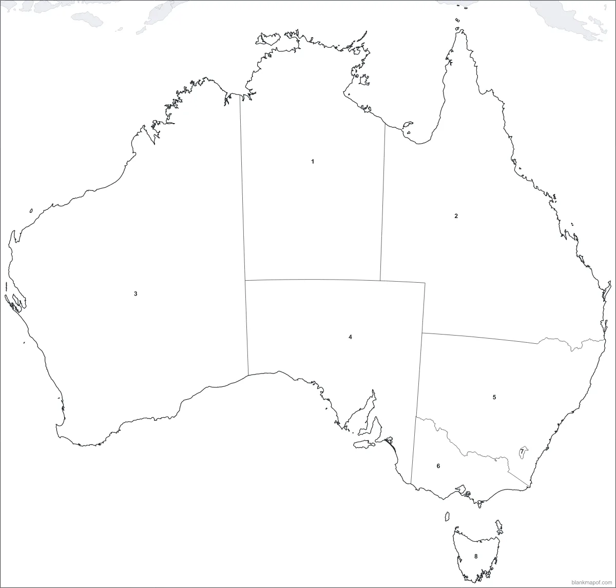 Blank map of Australia, numbered