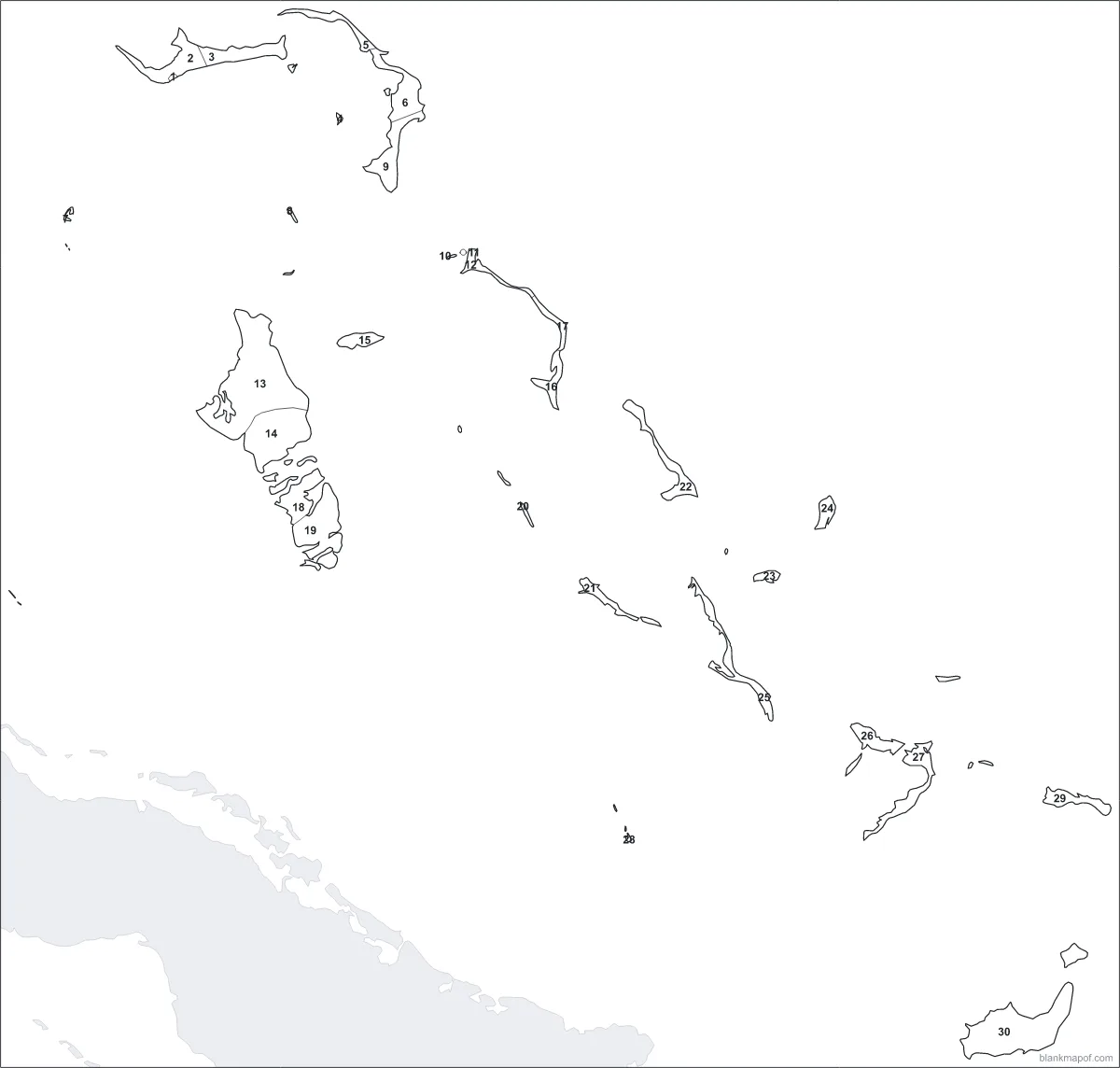 Blank map of the Bahamas, numbered