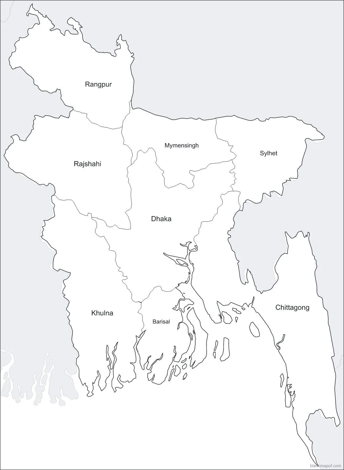 Blank map of Bangladesh, labeled