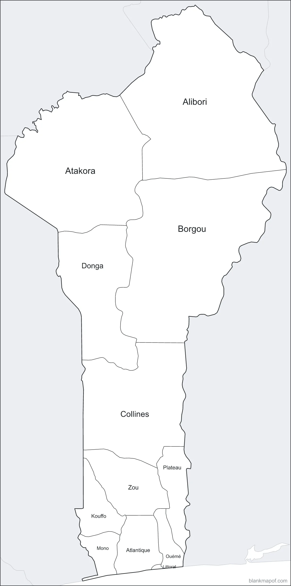 Blank map of Benin, labeled