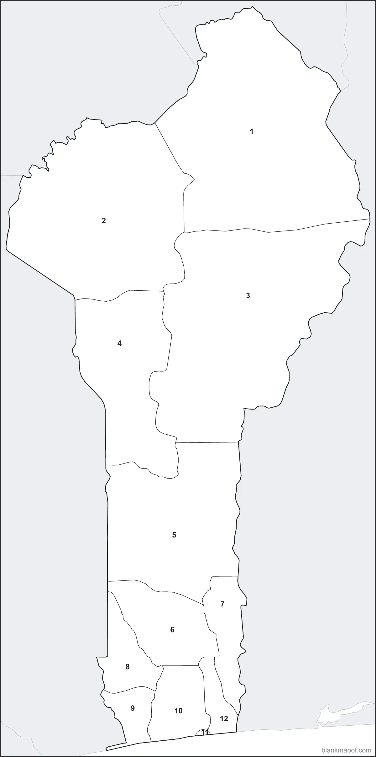 Blank map of Benin, numbered