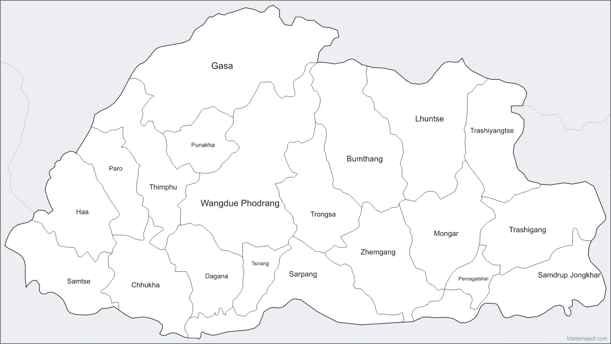 Blank map of Bhutan, labeled