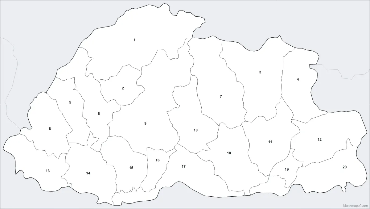 Blank map of Bhutan, numbered