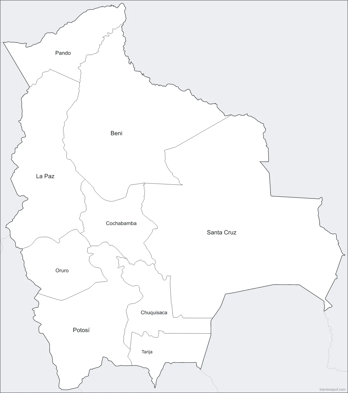 Blank map of Bolivia, labeled