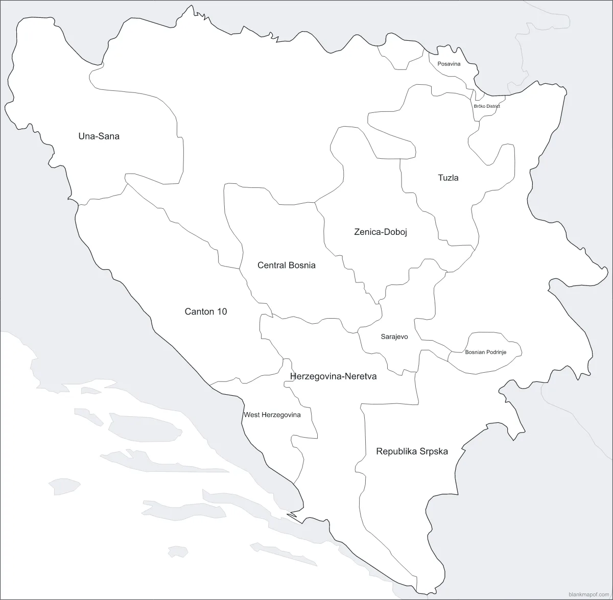 Blank map of Bosnia and Herzegovina, labeled