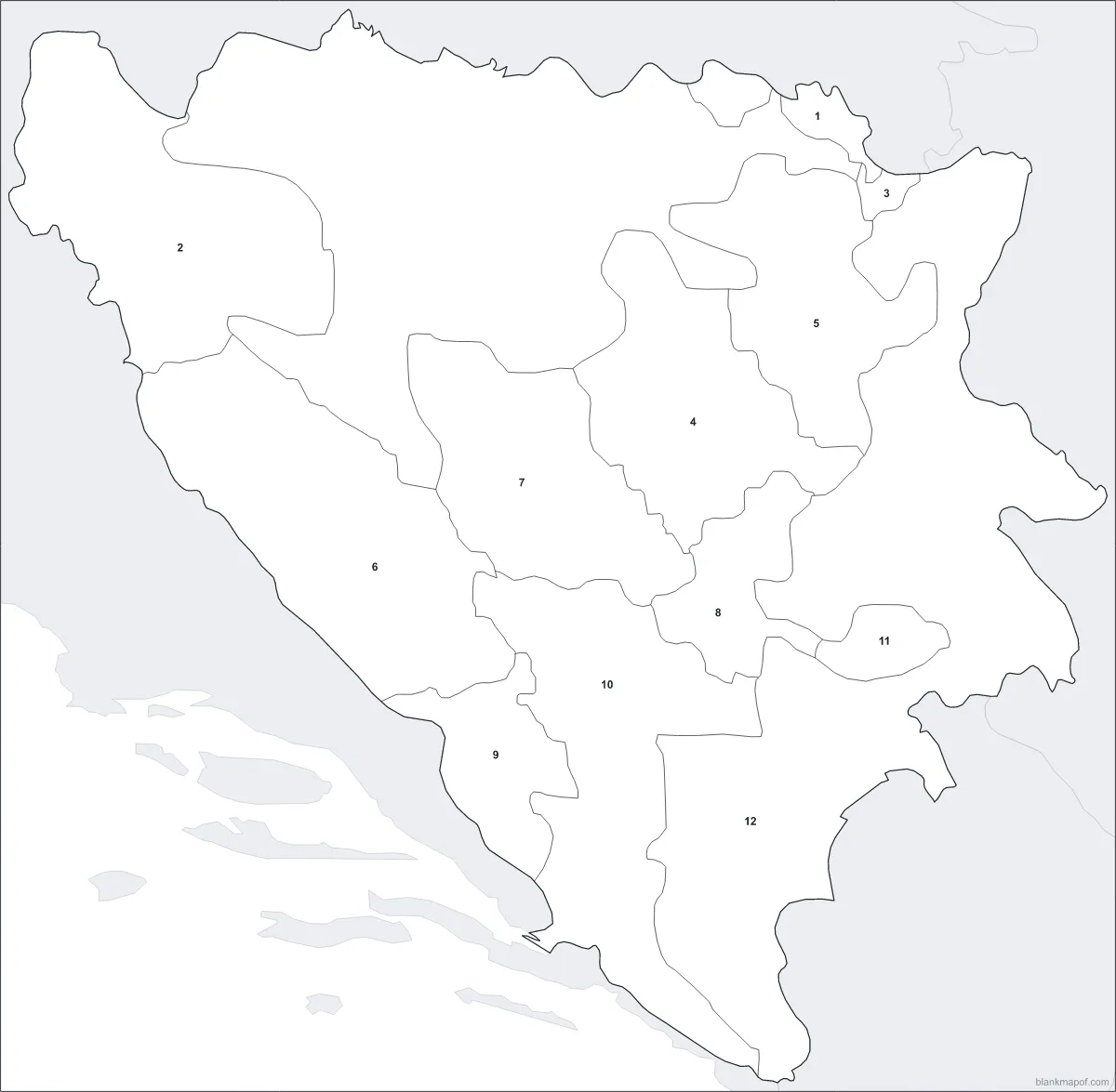 Blank map of Bosnia and Herzegovina, numbered