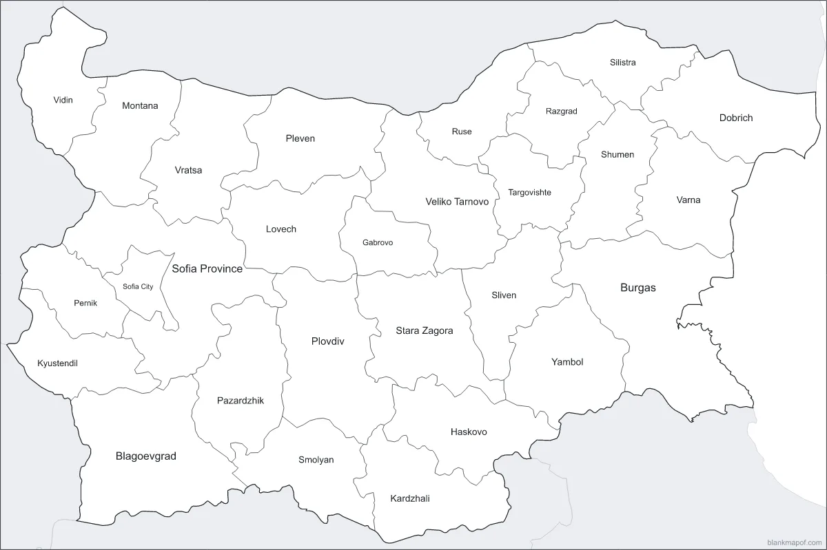 Blank map of Bulgaria, labeled