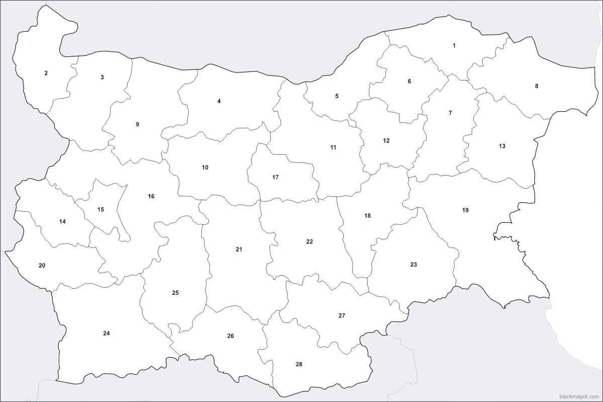Blank map of Bulgaria, numbered