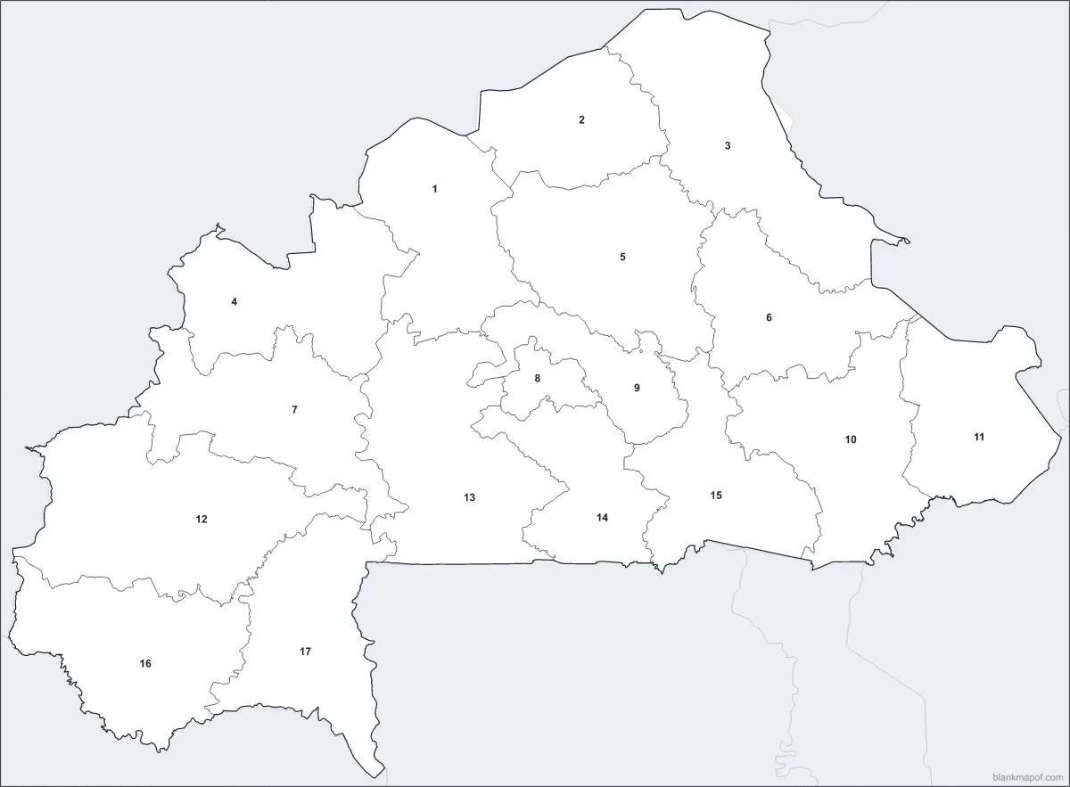 Blank map of Burkina Faso, numbered