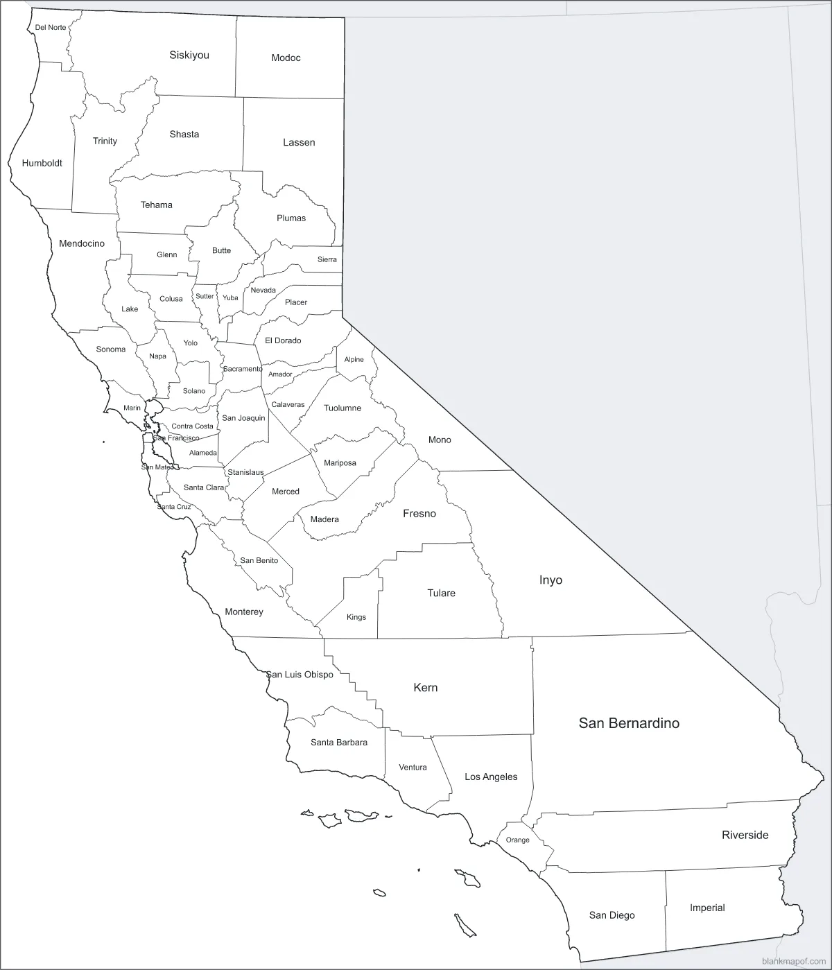 Blank map of California, labeled