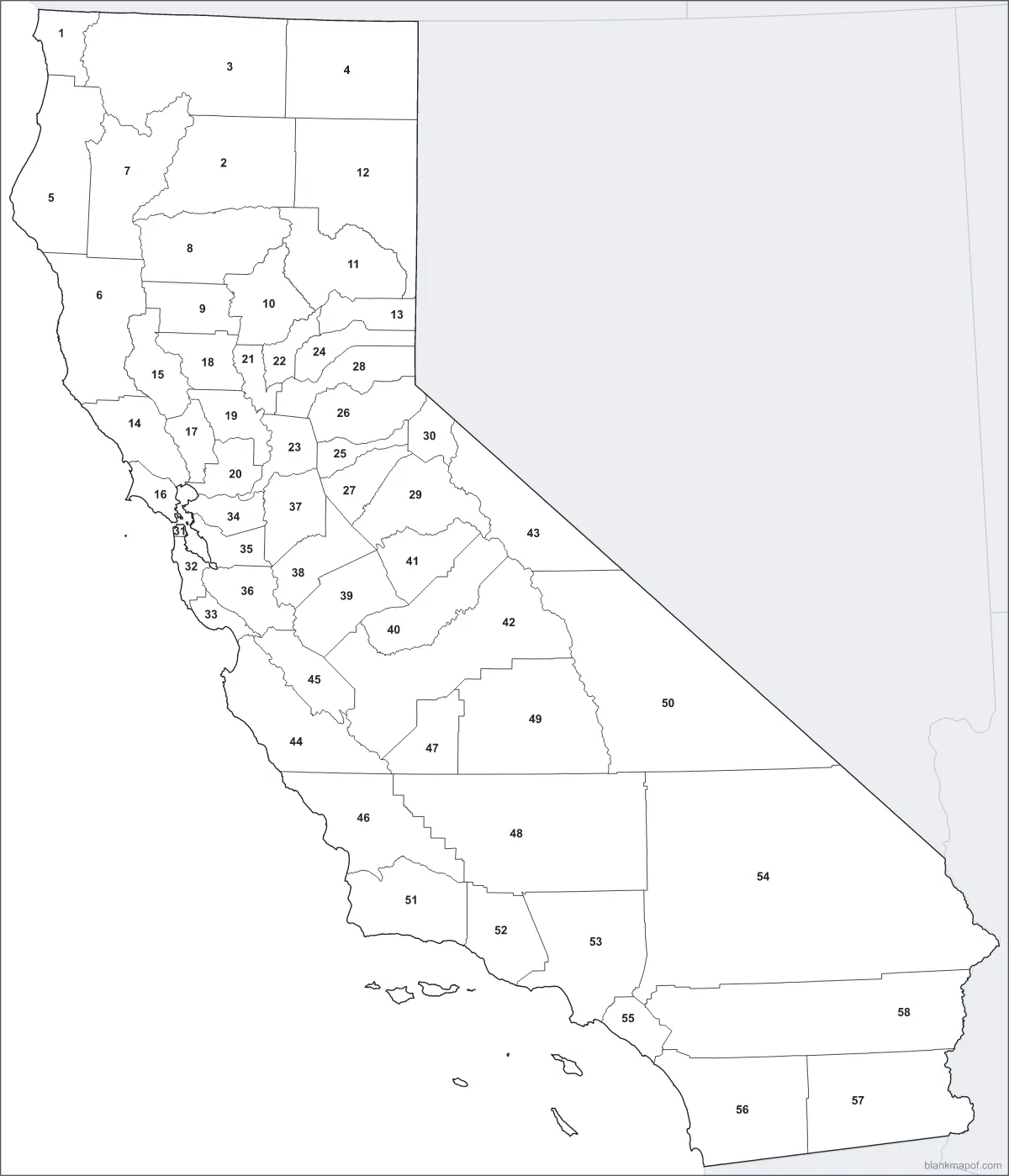 Blank map of California, numbered