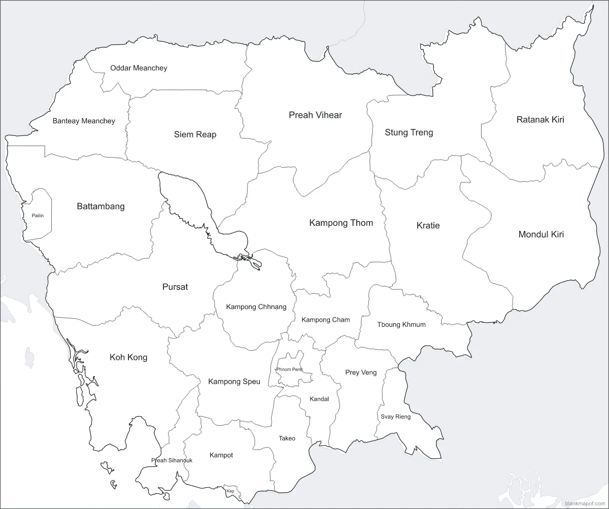 Blank map of Cambodia, labeled