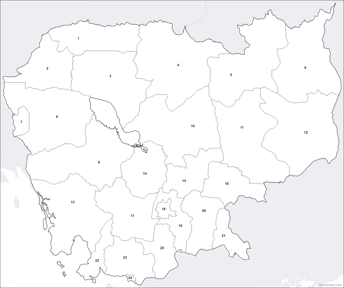 Blank map of Cambodia, numbered
