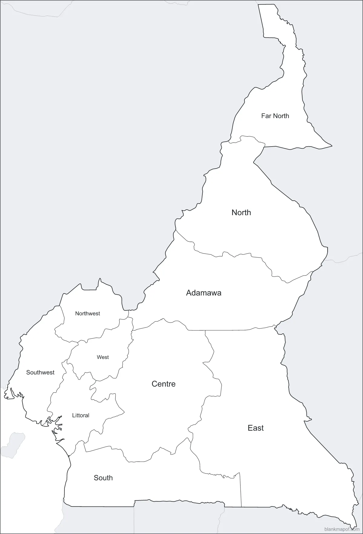 Blank map of Cameroon, labeled