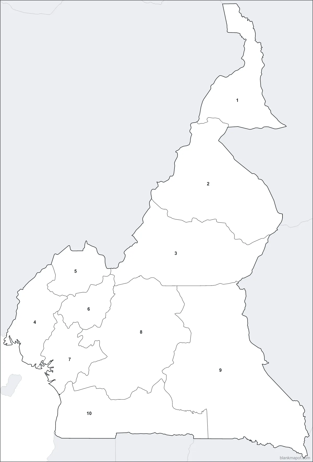 Blank map of Cameroon, numbered