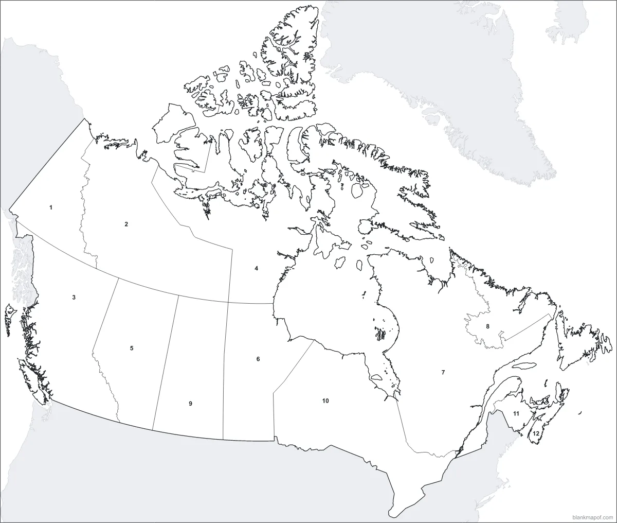 Blank map of Canada, numbered