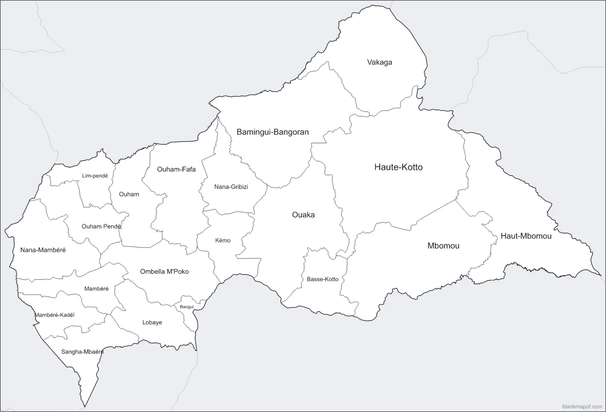 Blank map of the Central African Republic, labeled