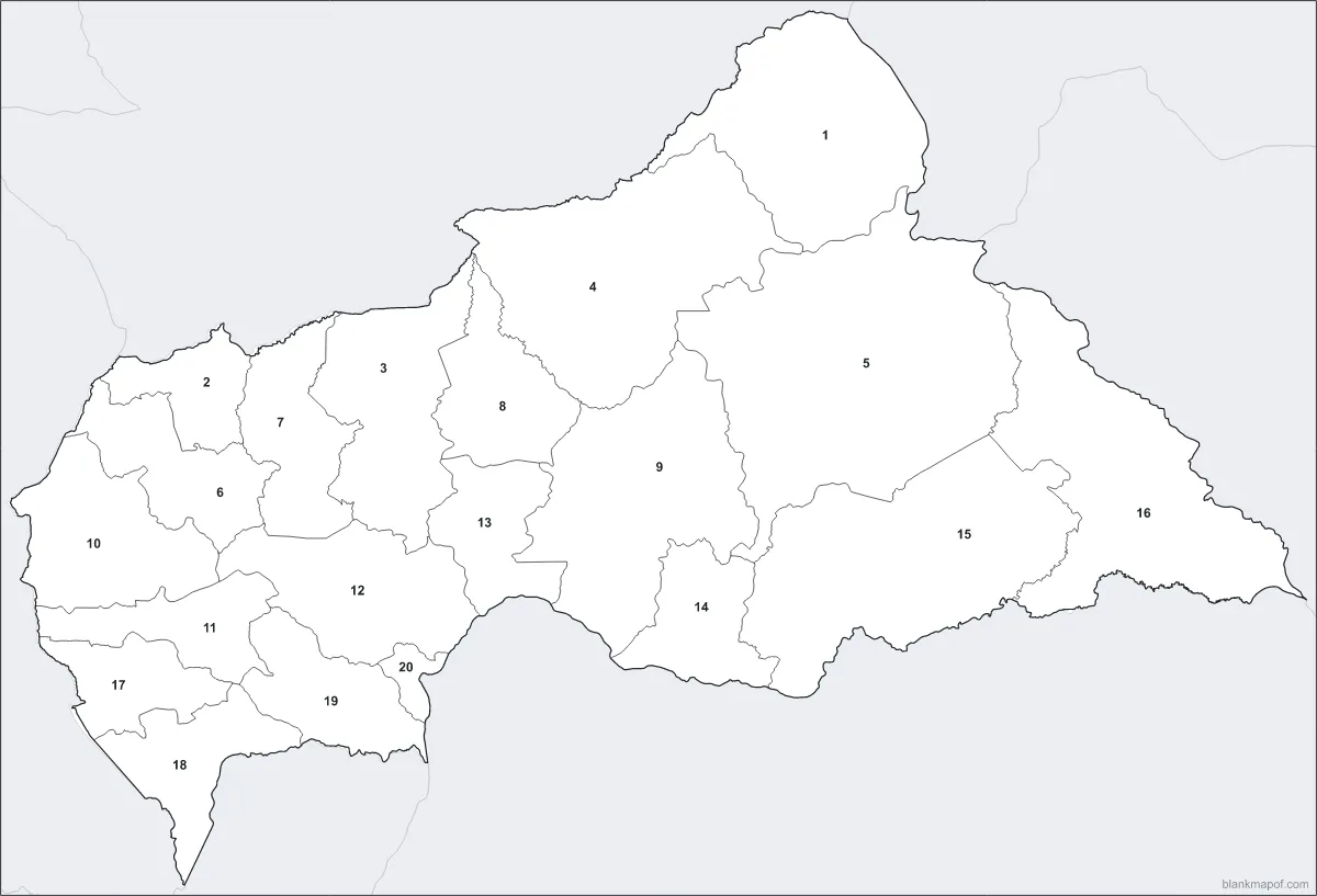 Blank map of the Central African Republic, numbered