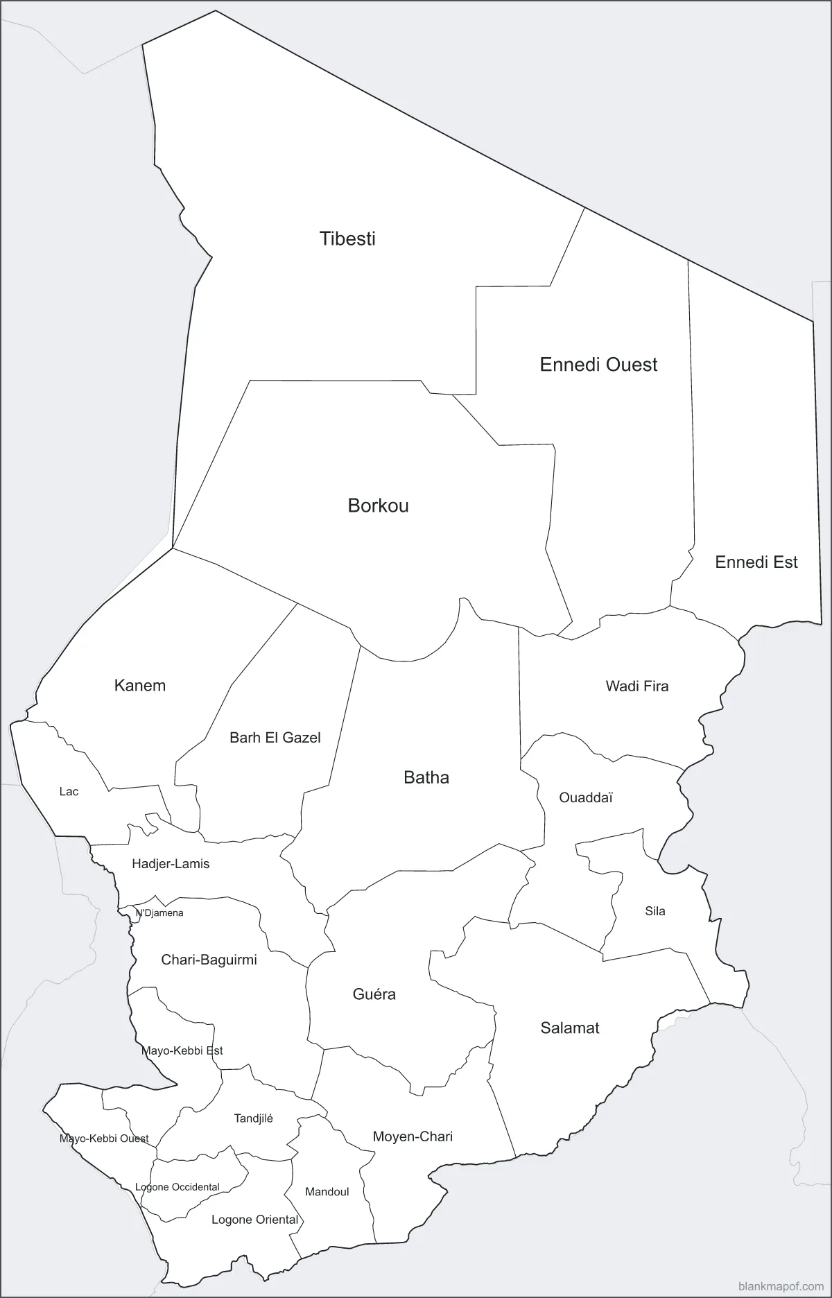 Blank map of Chad, labeled