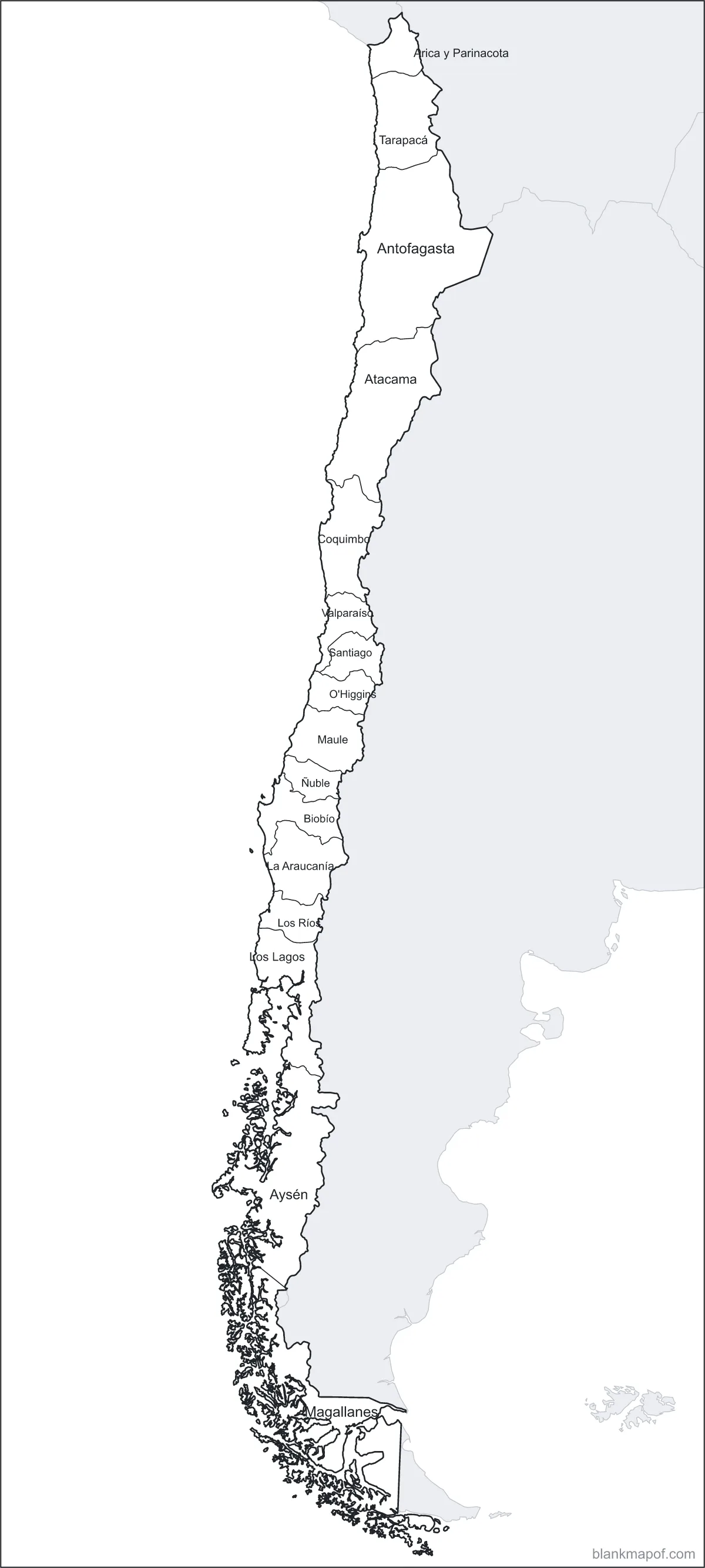 Blank map of Chile, labeled