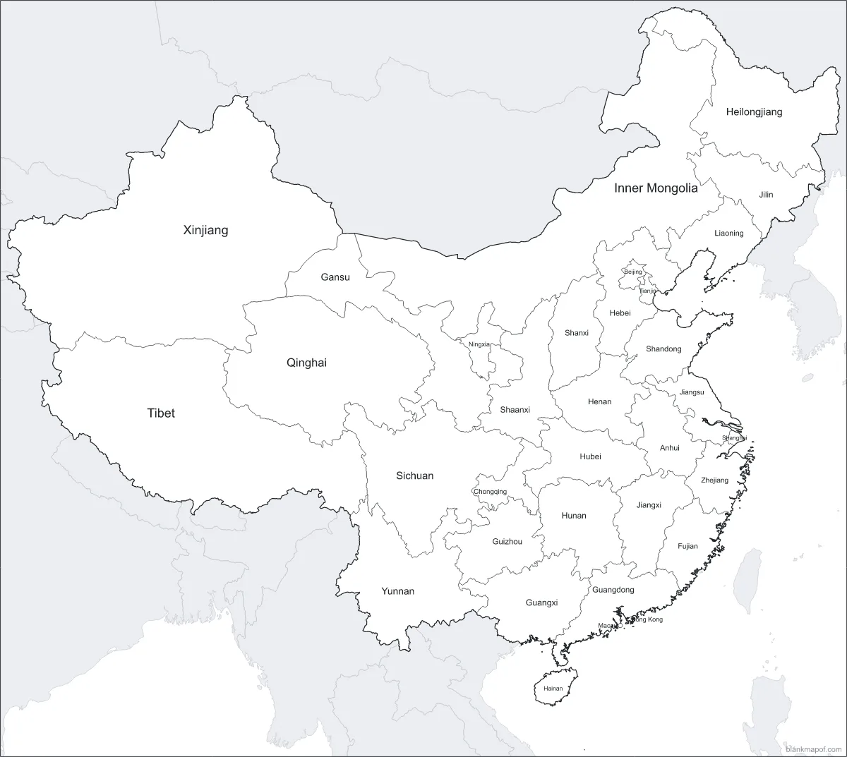 Blank map of China, labeled