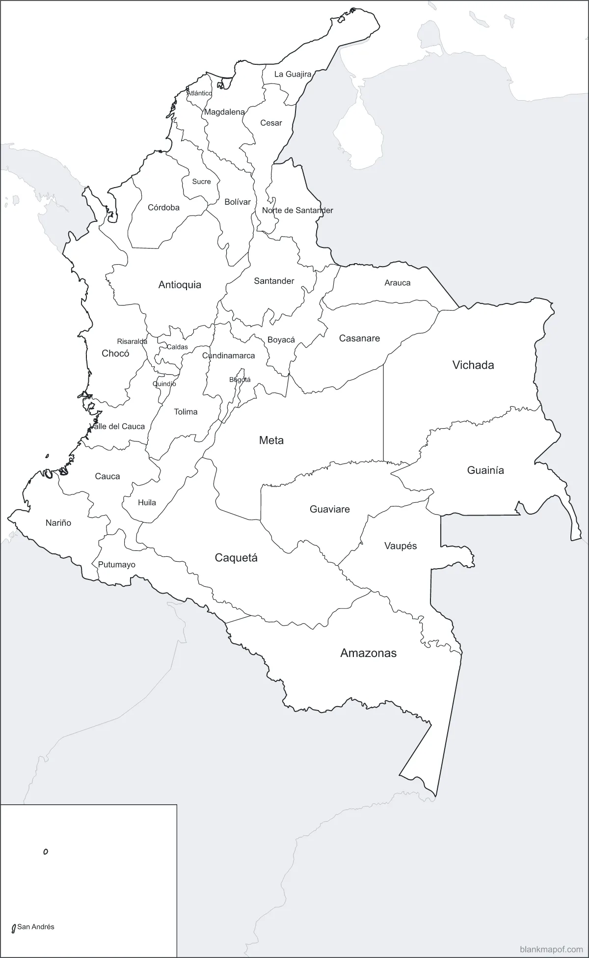 Blank map of Colombia, labeled
