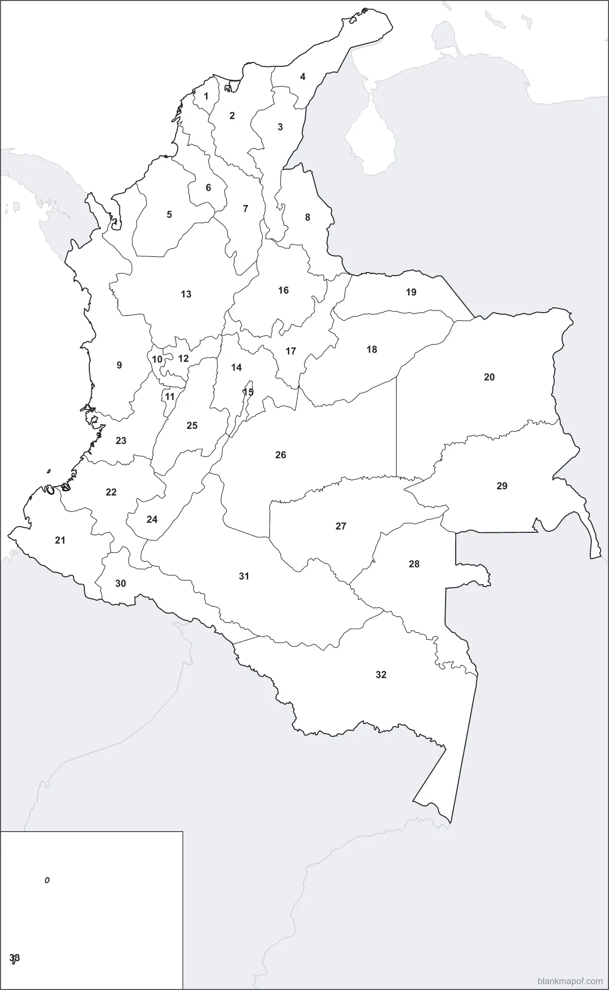 Blank map of Colombia, numbered