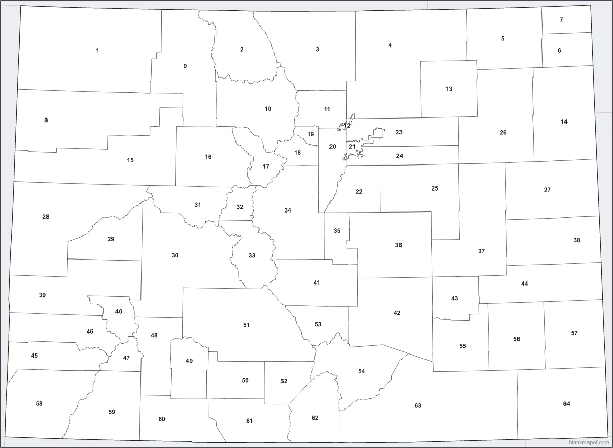 Blank map of Colorado, numbered