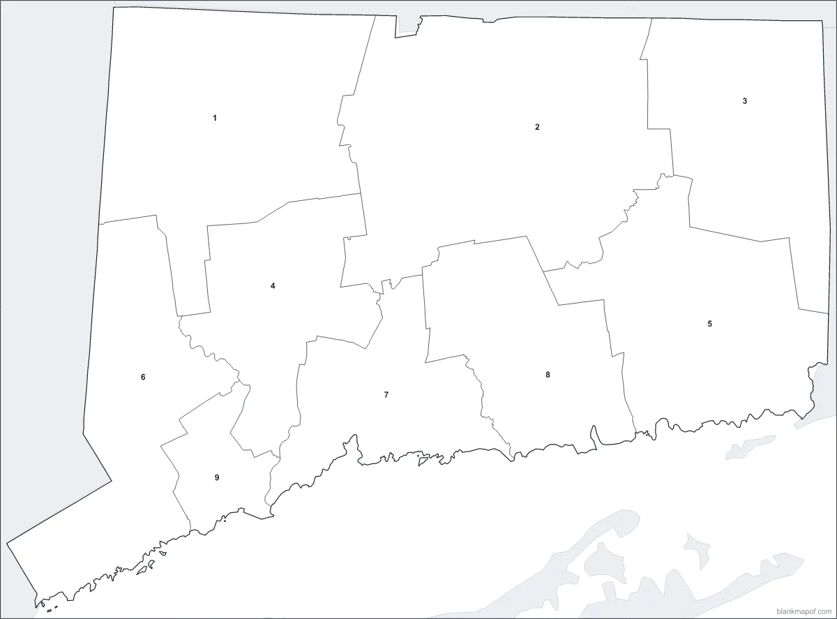 Blank map of Connecticut, numbered