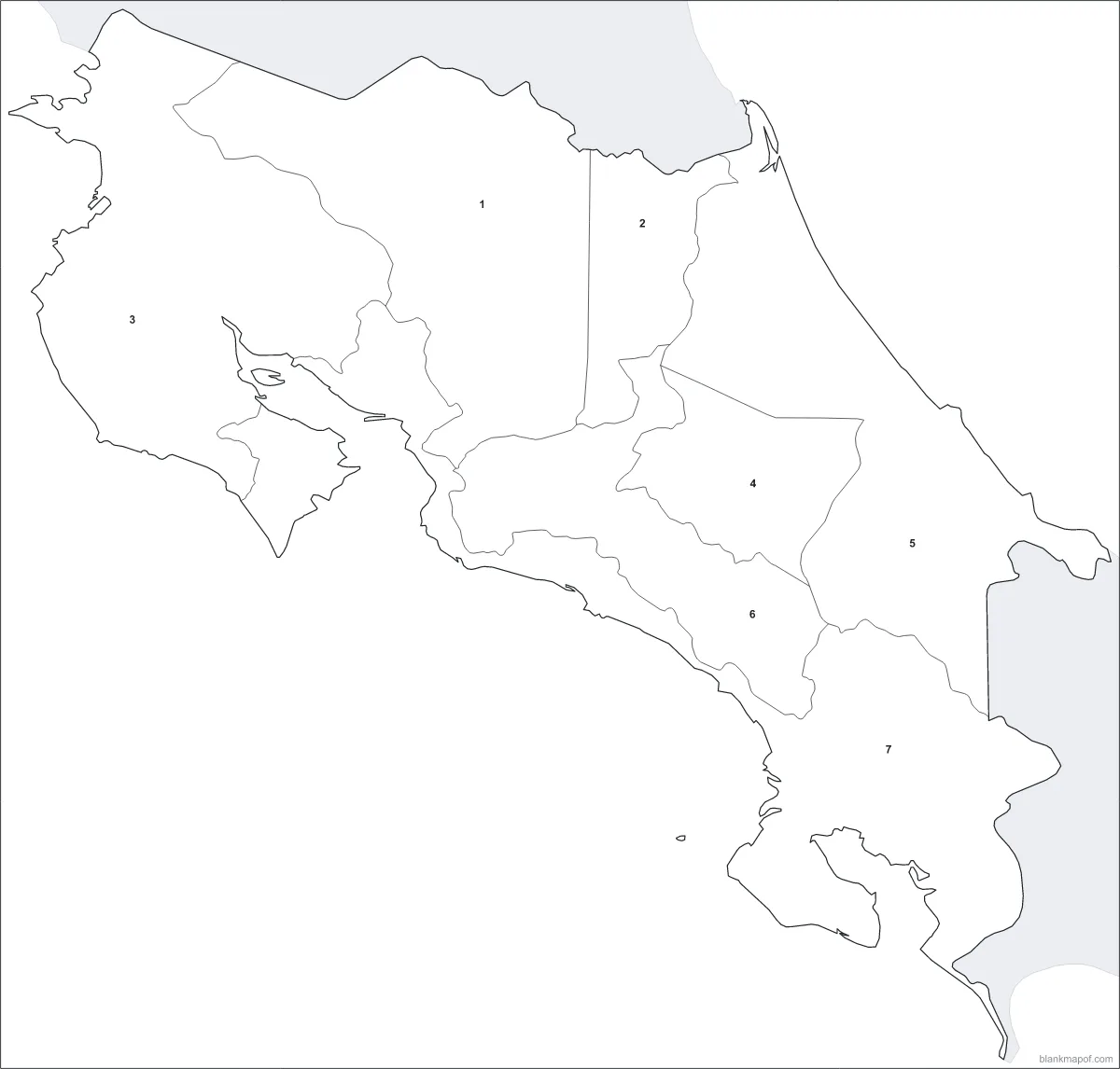 Blank map of Costa Rica, numbered
