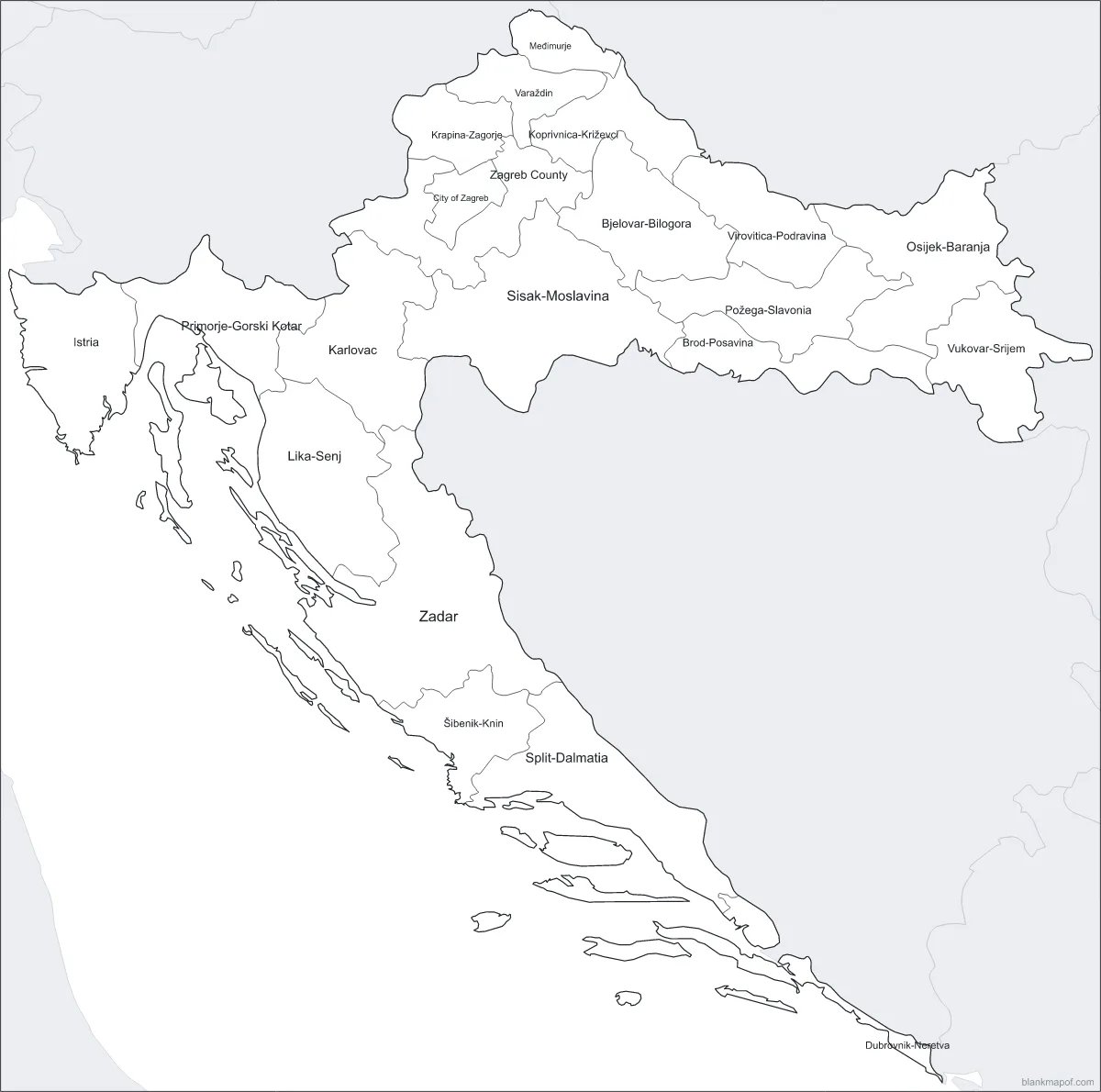 Blank map of Croatia, labeled