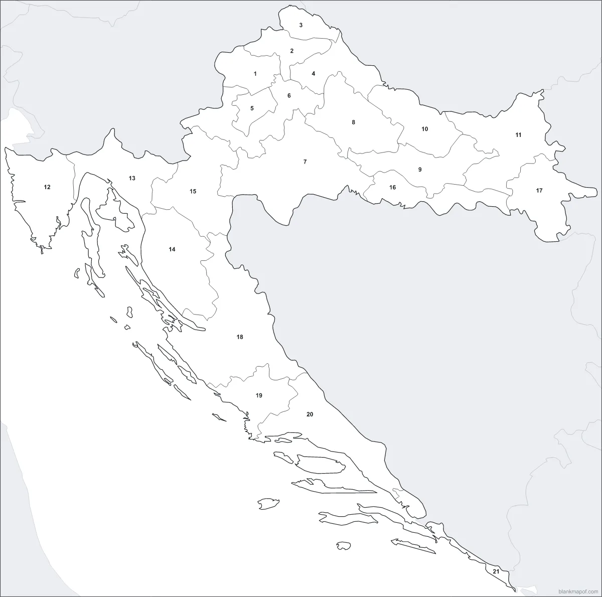 Blank map of Croatia, numbered