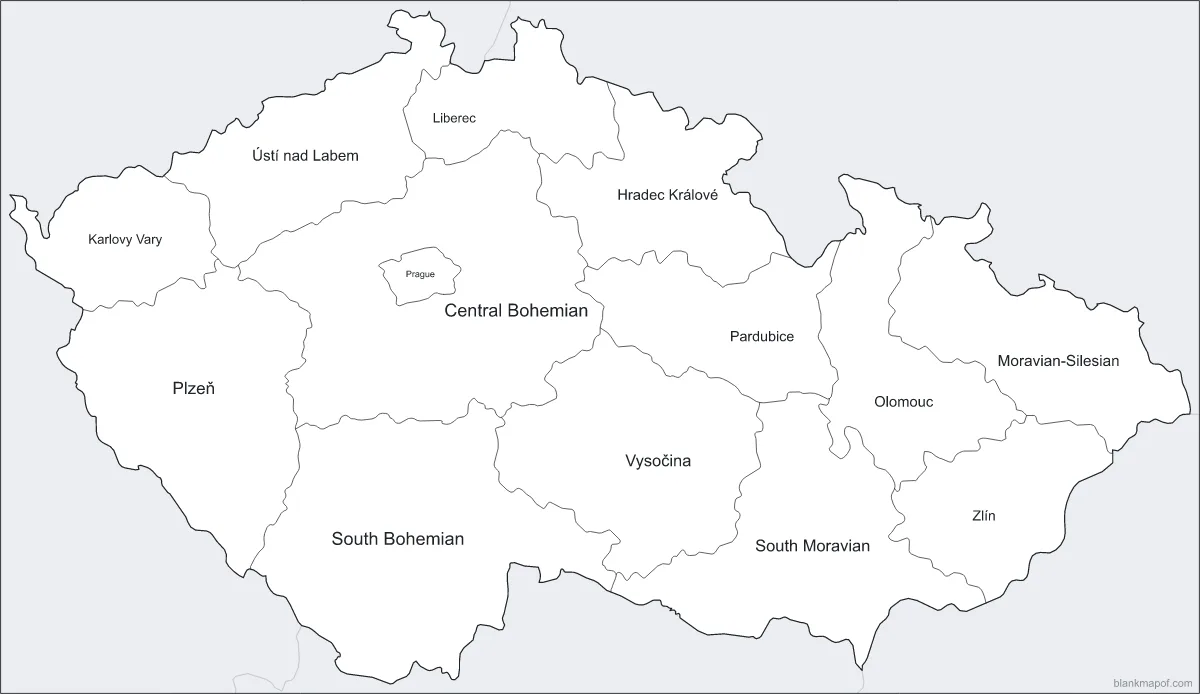 Blank map of the Czech Republic, labeled