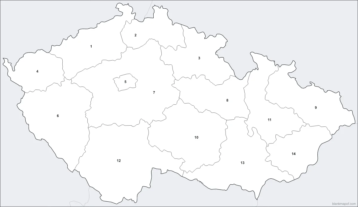 Blank map of the Czech Republic, numbered