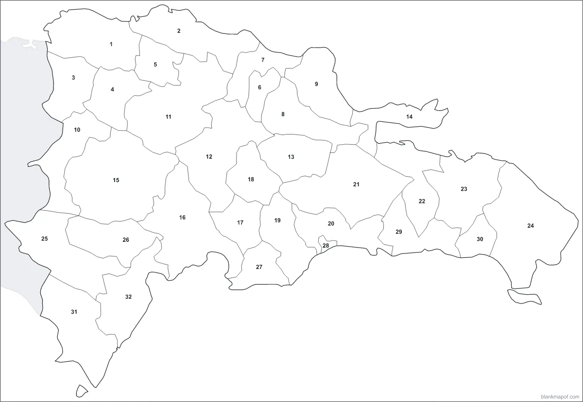 Blank map of the Dominican Republic, numbered