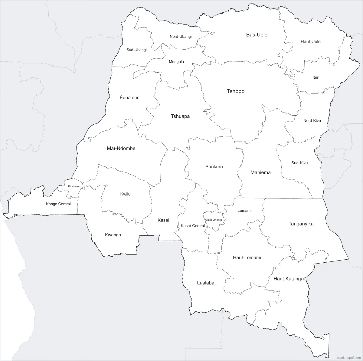 Blank map of DR Congo, labeled