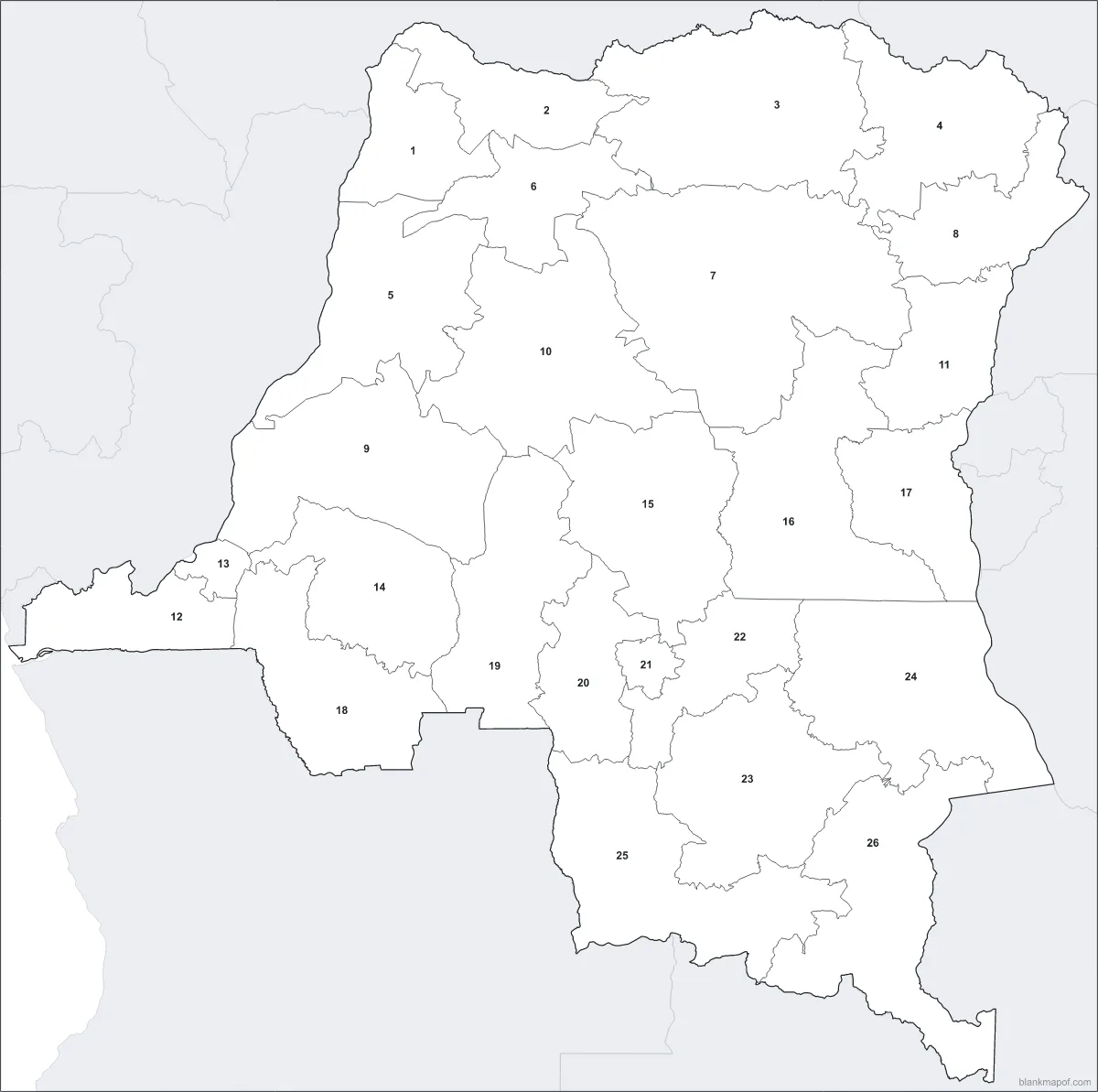 Blank map of DR Congo, numbered